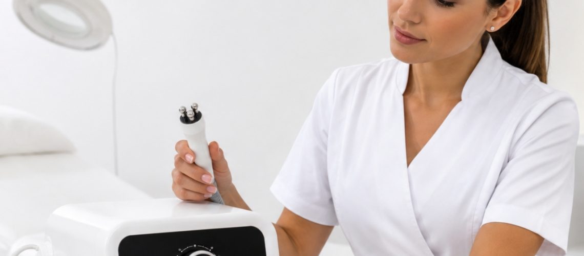 Cosmetóloga aprendiendo a configurar y utilizar un aparato de radiofrecuencia facial profesional.