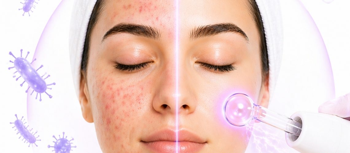 Resultado de eliminar acné con alta frecuencia mostrando antes y después en el rostro