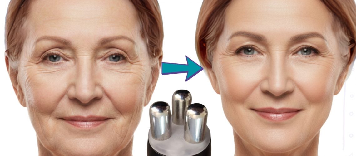 Comparación antes y después de un tratamiento de radiofrecuencia facial que muestra la reducción de arrugas y el rejuvenecimiento de la piel en una mujer adulta.