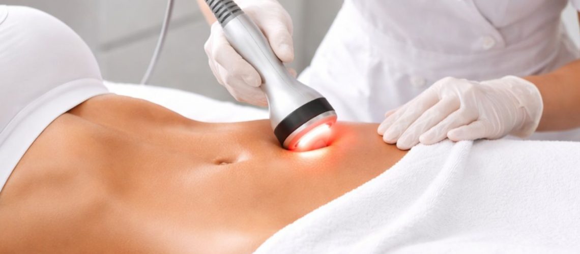 Tratamiento profesional de radiofrecuencia corporal aplicado en el abdomen para reducir flacidez y mejorar la cintura.