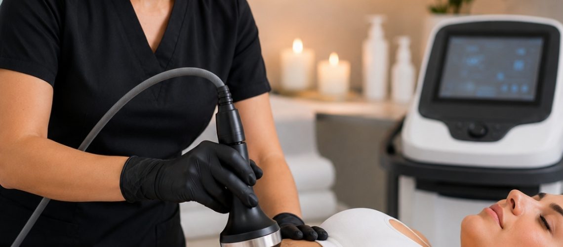 Cosmetóloga realizando tratamiento de ultrasonido corporal en abdomen dentro de una cabina estética profesional.