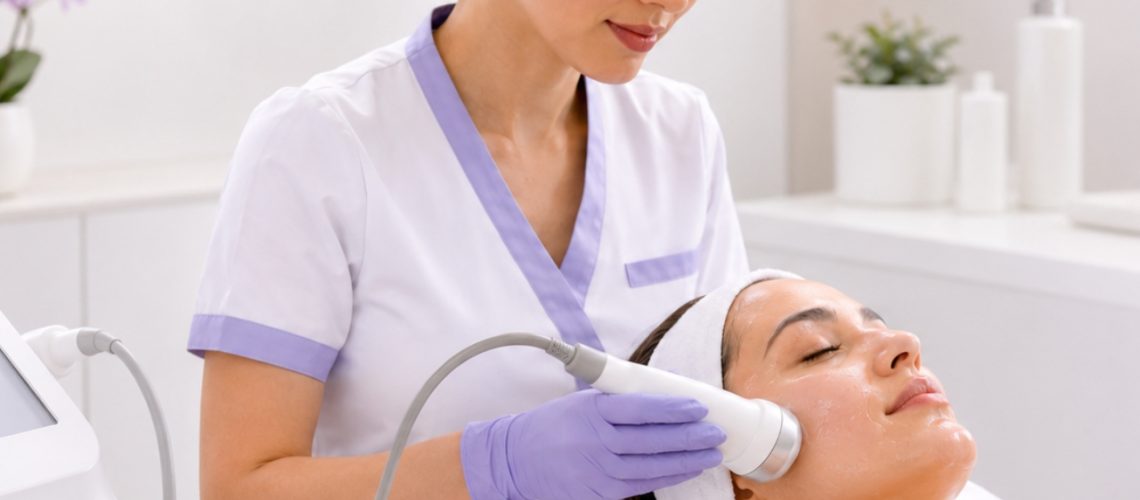 Cosmetóloga aplicando ultrasonido facial paso a paso en tratamiento profesional