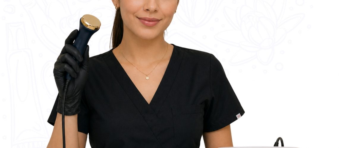 Cosmetóloga usando equipo de ultrasonido facial y corporal en cabina estética profesional